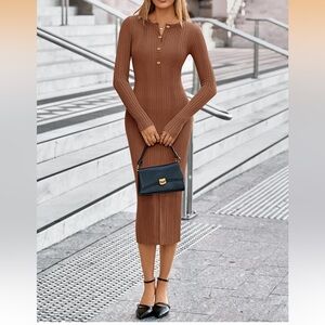 Ribbed Long-Sleeve Midi Dress in Brown